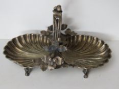 A Mappin & Webb Princes plate strawberry dish having twin clam shell design bowls and vine design