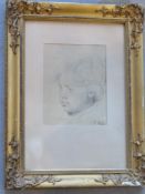 Pencil portrait signed P P Rubbens featuring young child with curled hair in gilded frame,