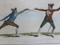 Coloured steel engraving of two dueling soldiers 'published Feb 1763' plate 18 by J Gwin Delin,