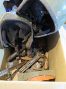 Two British helmets together with eleven pistol magazine pouches, leather holster, magazine pouch,