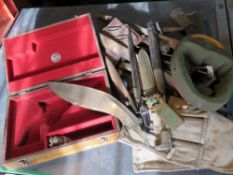 A quantity of militaria items inc; wooden pistol box, British helmet liner, PPSH magazine pouches,