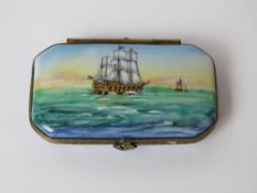 A Limoge Dubarry pillbox having ship design upon.