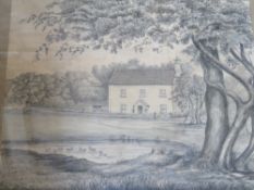 A pen and pencil sketch of a Georgian style farmhouse with pond and tree before, sight size 31.