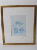 Signed print of frogs playing leap frog, signed Minter-Kemp, sight size 16.5 x 11.