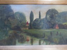 Oil on board, naive study of a riverside, house and trees beyond, monogrammed lower left 'JC',