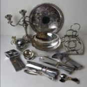 A quantity of assorted silver plate inc tray, candelabra, tea strainer, twin handled serving tray,