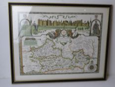 A contemporary print of a Berkshire map dated 1350, framed and glazed, overall size 61 x 49cm.