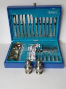 An Oneida cutlery set in blue leatherette box, together with a silver plated salt and pepper pots.