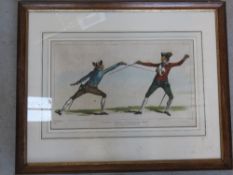 Coloured steel engraving of two dueling