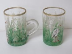 A pair of delightful hand painted glass
