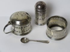 A HM silver cruet set comprising pepperette with blue glass liner,