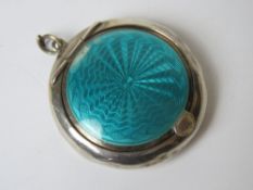 A HM silver Art Deco pill pot having turquoise guilloche enamel and engine turned decoration,