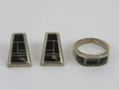 A set of Sterling silver and black onyx Native American jewellery comprising ring size S and