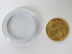 A 1910 22ct gold full sovereign, St George verso, 8g, in protective pod.