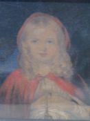 A coloured steel engraving of Little Red Riding Hood having distinctive red hooded shawl,