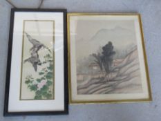 Two Oriental paintings on fabric, one being Japanese mountainside scene,
