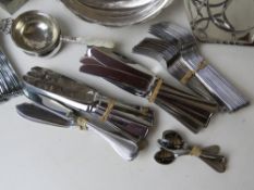 A quantity of assorted silver plate inc tray, candelabra, tea strainer, twin handled serving tray,
