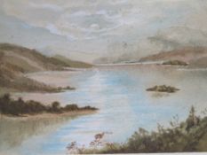 Watercolour of a Scottish Loch having mountains beyond, framed and mounted in floral carved frame,