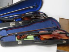 Two violins, one bearing label Michael Poller and having P&H London bow, in case,