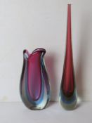 Two Art Glass vases in pinks and blues standing approx 40.5cm and 25cm respectively.