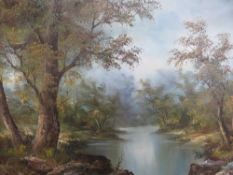Oil on canvas; River through forest sign