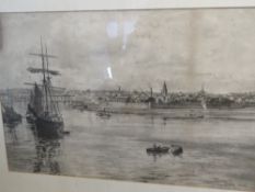 A charcoal sketch signed Frank Wood 1901 depicting ships with town beyond, framed and glazed.