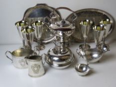 A large quantity of assorted silver plated wares including Walker & Hall Sugar bowl and jug,