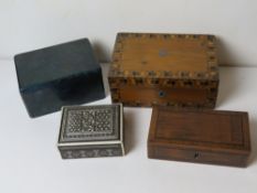 Four assorted decorative boxes including an inlaid card box and a mahogany work box.