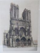 A signed print of a W Watson sketch of Notre Dame, framed and glazed.