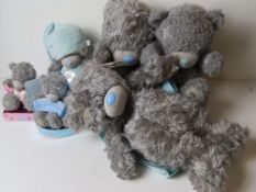 Five Me To You blue nose Teddy bears, together with a rucksack.