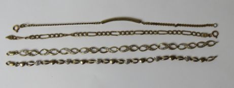 Four 9ct gold bracelets of various styles, total weight 12.1g.
