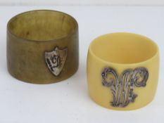 Two napkin rings; one horn napkin ring w