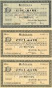 Banknoten / Kriegsanleihe, 3 Scheine der städtischen Sparkasse Karlsruhe Baden, 2 x 2 Mark, 1 x 1