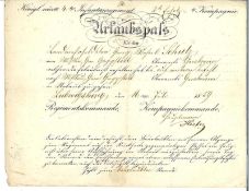 Deutsches Reich 1859, Urlaubs - Paß, Königl. württ. 4 tes Infanterieregiment.