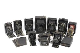 A collection of folding plate cameras to include a Zeiss Ikon Nettel with an Aldis-Butcher 5.