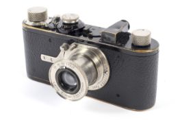 A Leica I 35mm rangefinder camera, 1930, black. Serial no 27033, with a Leitz Elmar 50mm 1:3.