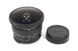 A Sigma 8mm 1:4 fisheye lens to fit Nikon F-mount cameras