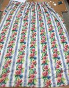 A pair of glazed cotton multi-coloured floral and striped interlined curtains with taped pencil