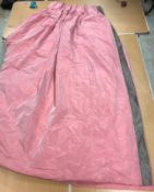A pair of shot silk taffeta type pink and mushroom interlined curtains with fixed triple pencil