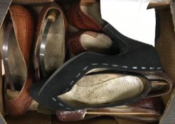 A box containing three pairs of crocodile skin vintage shoes and a pair of suede Palter / Deliso of