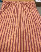 A pair of moire silk pink and coral striped lined curtains with taped pencil pleat headings,