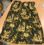 Three pairs of olive and gold chinoiserie style decorated cotton lined curtains with fixed triple
