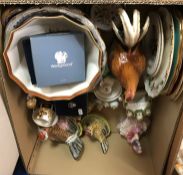 Two boxes of decorative china wares to include Staffordshire figure of 