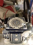 Five boxes of sundry china and glass to include elephant jardiniere stands,