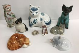 A collection of cat ornaments to include a Rye Pottery cat, signed 