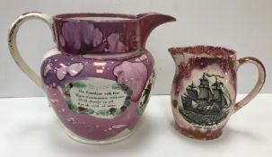 A collection of various pottery to include a Sunderland lustre jug with Masonic decorated front