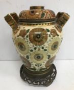 A circa 1900 Zsolnay Pecs pottery ware vase oil lamp with matching glass based floral decorated