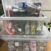 Three boxes containing a large quantity of trims suitable for card making and other crafts,