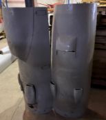 Two painted aluminium engine covers, believed to be De Havilland Devons, one bearing 