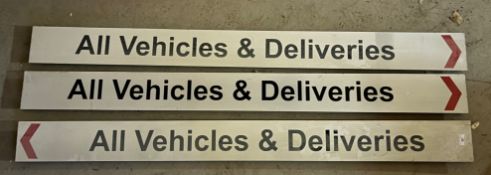 Three enamel signs with directional arrows 